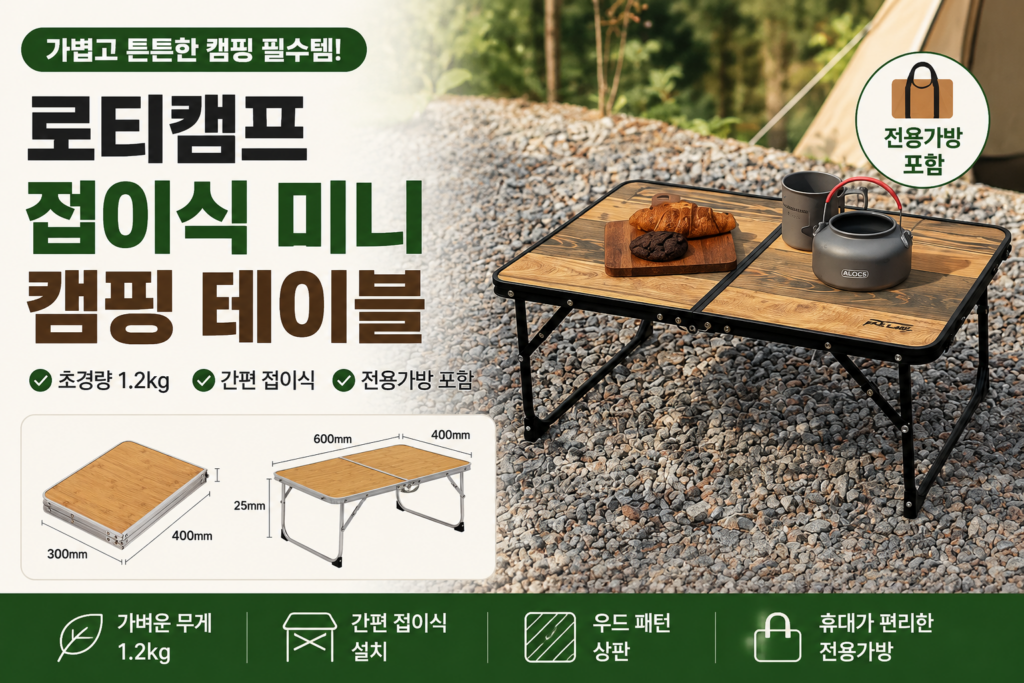 로티캠프 백패킹 접이식 미니 캠핑 테이블 추천｜600×400 우드 롤테이블 특징과 장단점 제품 이미지